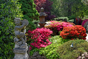 azalea bushes and statuary in the Japanese Garden at Hillwood Estate, Museum, & Gardens in Washington, D.C.