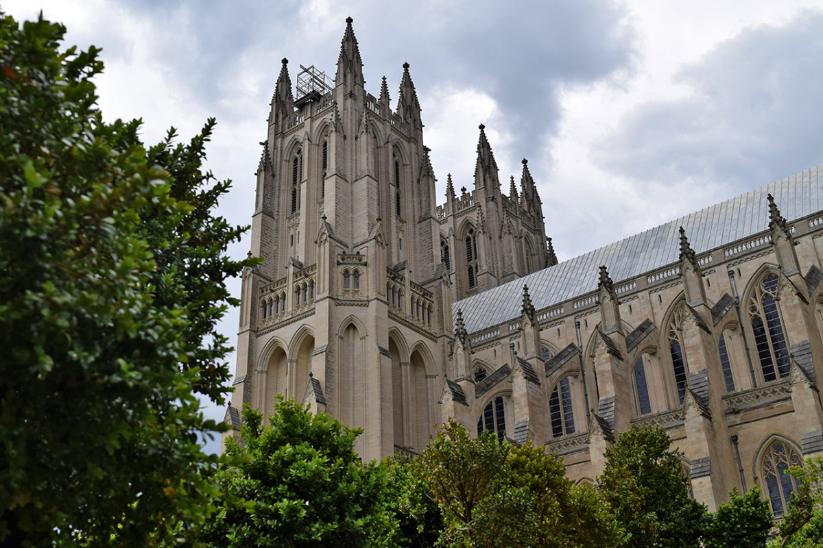 view of the cathedral from the Bishop’s Garden, Washington National Cathedral in Washington, DC