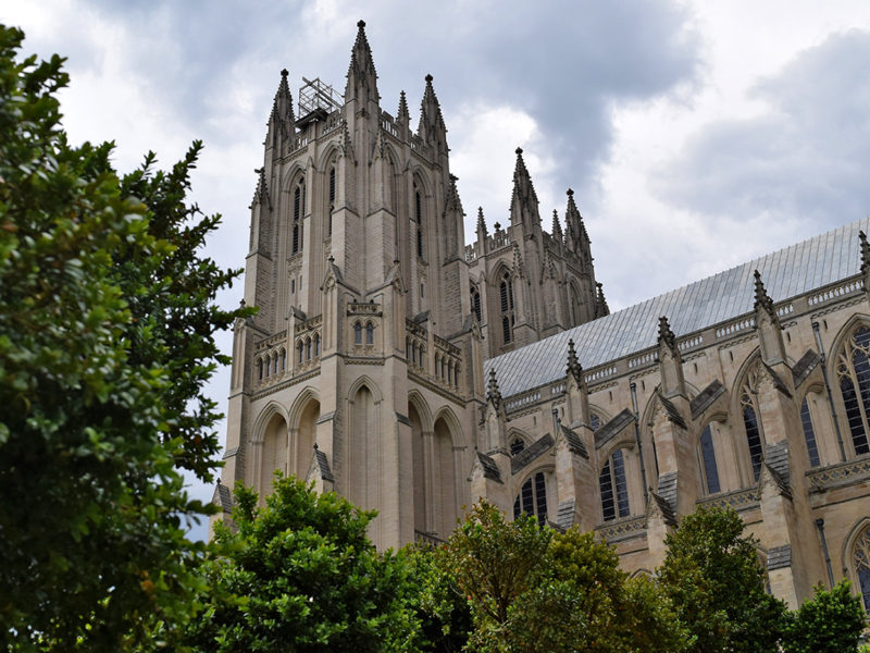 view of the cathedral from the Bishop’s Garden, Washington National Cathedral in Washington, DC