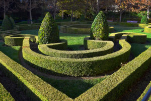 boxwood parterre in the French Garden at the Gardens of the World in Thousand Oaks, California.