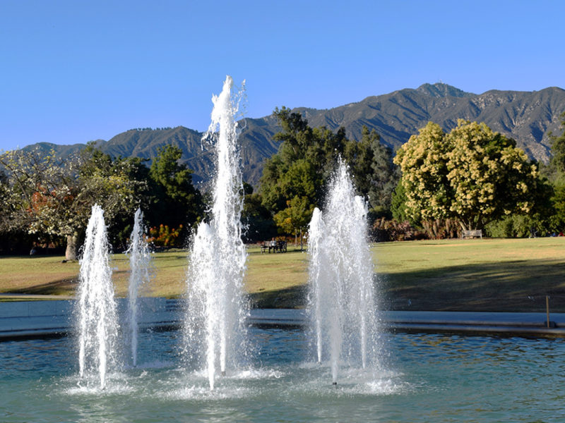 main fountain at the LA Arboretum & Botanic Garden in Arcadia, California.
