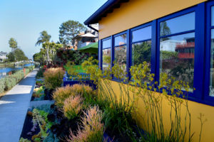 bright yellow house and plants at California’s Venice Canals in Venice, California