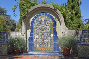 The East Exedra fountain in the Blue and White Garden at Casa del Herrero in Montecito, California