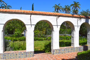 view through archways from the Spanish Garden Patio at Casa del Herrero in Montecito, California