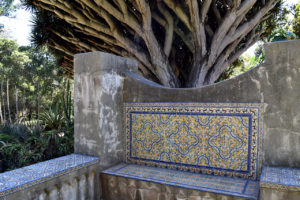 ceramic tile bench under dragon tree at Casa del Herrero in Montecito, California