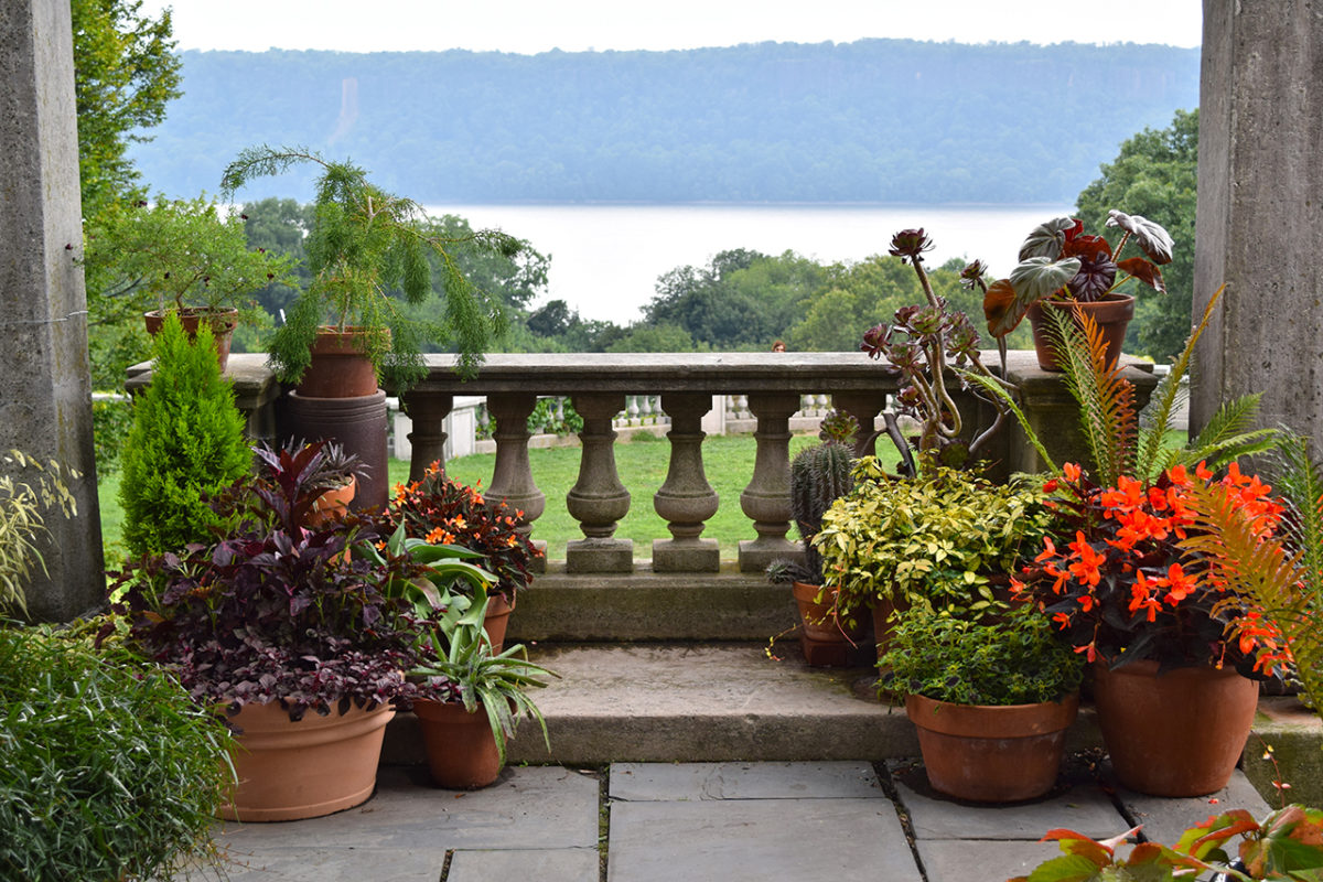 Pergola Overlook with views of the Hudson River at Wave Hill in Bronx, New York